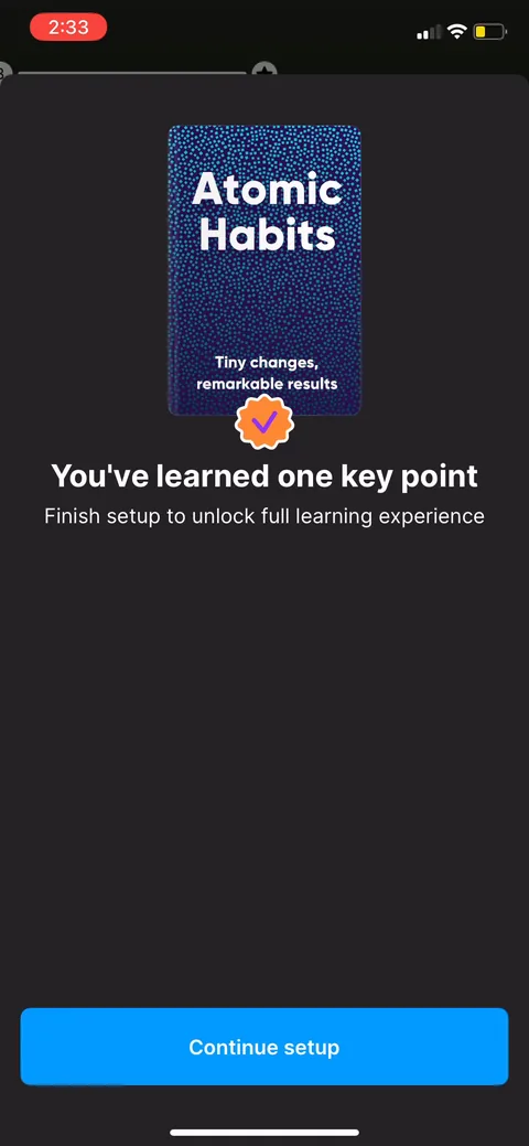 Headway onboarding screen 41: After one key point: 'finish setup to unlock full learning experience.' The teaser cut
