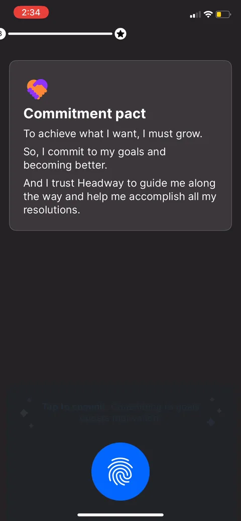 Headway onboarding screen 49: A commitment pact you confirm with a tap-and-hold (the fingerprint UX Headway helped popularize)