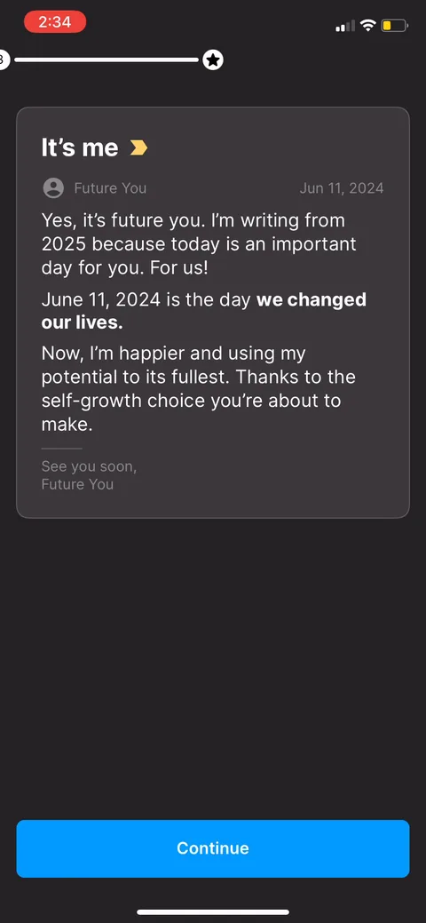 Headway onboarding screen 51: A letter 'from future you' dated a year out, thanking you for the choice you're 'about to make.' Pure…