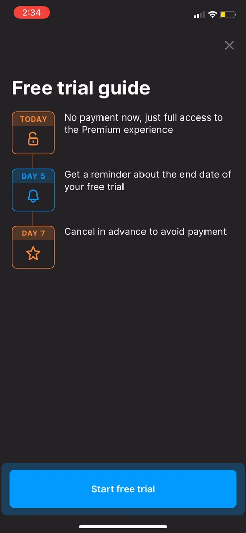 Headway onboarding screen 52: The 3-step trial timeline: full access today, reminder on day 5, cancel by day 7