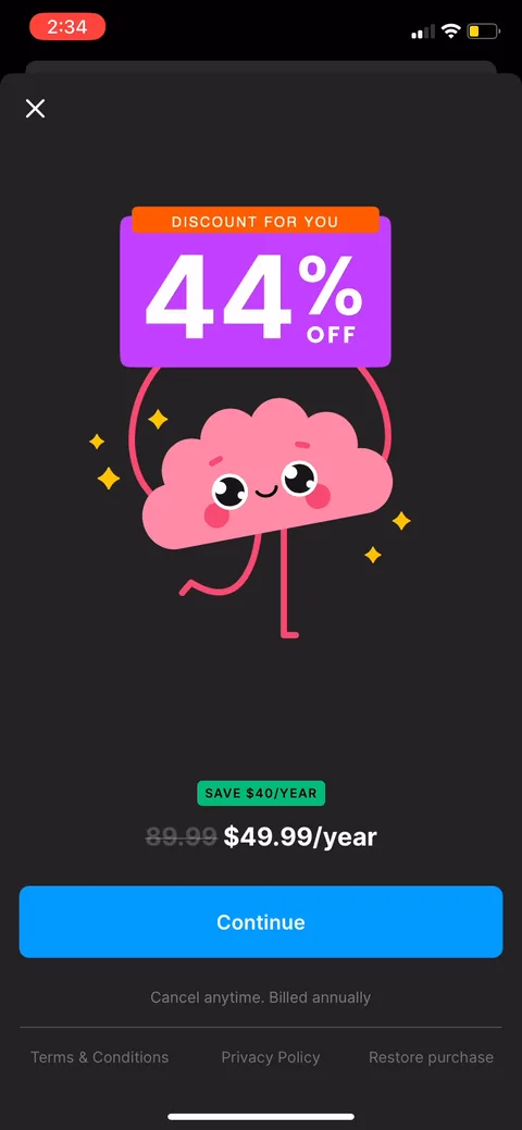 Headway onboarding screen 62: Hit the X and you get a second offer: 44% off, $89.99 struck through to $49.99, no trial