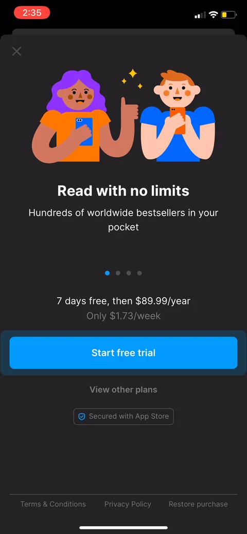 Headway onboarding screen 72: A second paywall variant: same $89.99/year but anchored as 'only $1.73/week.' Reframing the annual price as a…
