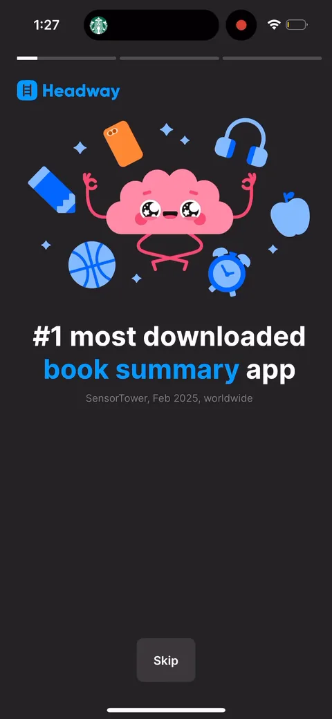 Headway onboarding screen 4: Opens with '#1 most downloaded book summary app' and a SensorTower citation