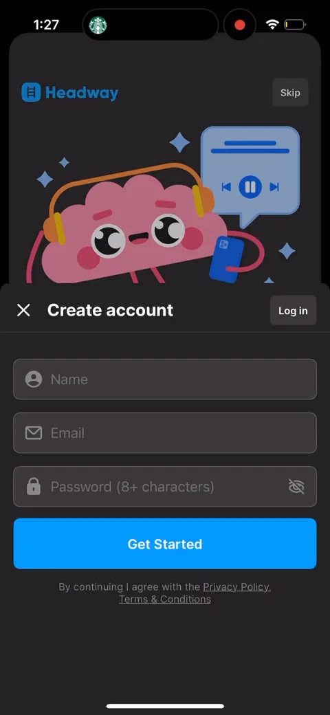 Headway onboarding screen 7: Account creation lands here, before any quiz or value