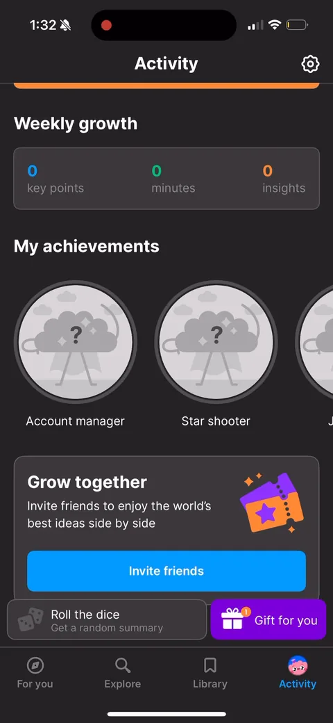 Headway onboarding screen 173: 'Grow together, invite friends' sitting on the activity tab