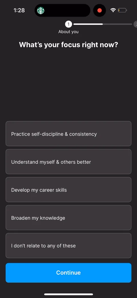 Headway onboarding screen 21: First real question, 'what's your focus right now'
