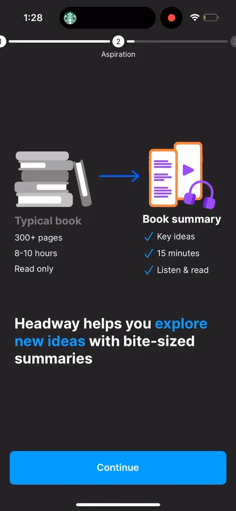 Headway onboarding screen 23: Typical book (300+ pages, 8-10 hours) versus a Headway summary (key ideas, 15 minutes, listen and read)