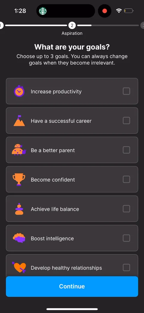 Headway onboarding screen 25: Choose up to 3 goals, multi-select with a cap