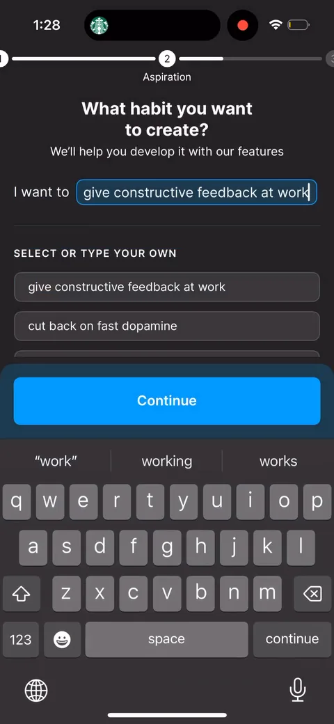 Headway onboarding screen 27: Open text habit entry with suggestions