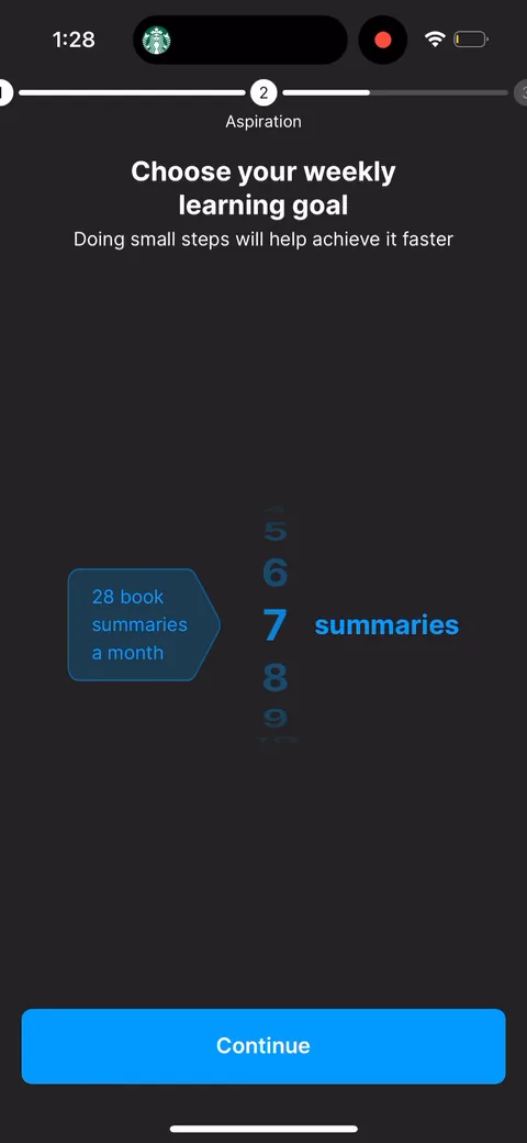 Headway onboarding screen 29: Pick your own weekly learning goal (7 summaries a month, etc)