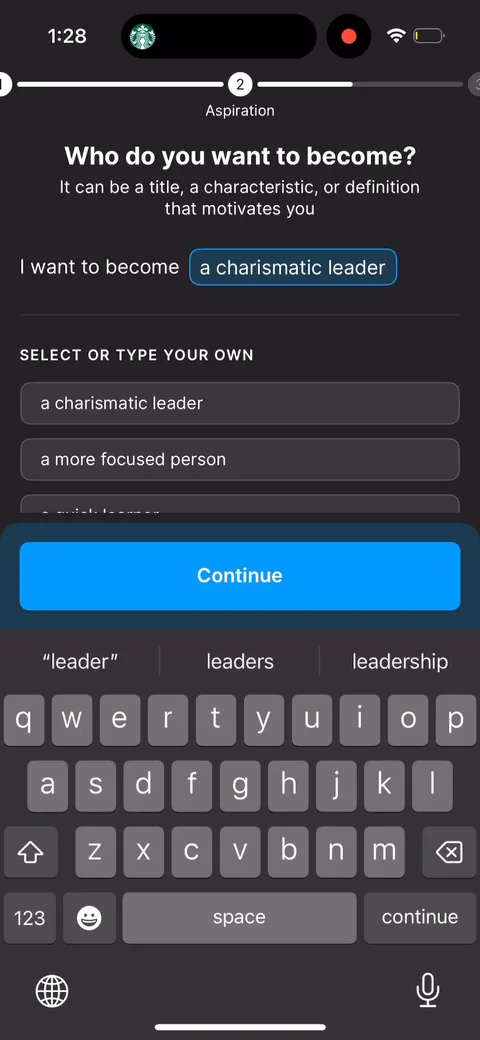 Headway onboarding screen 30: 'Who do you want to become', typed in first person