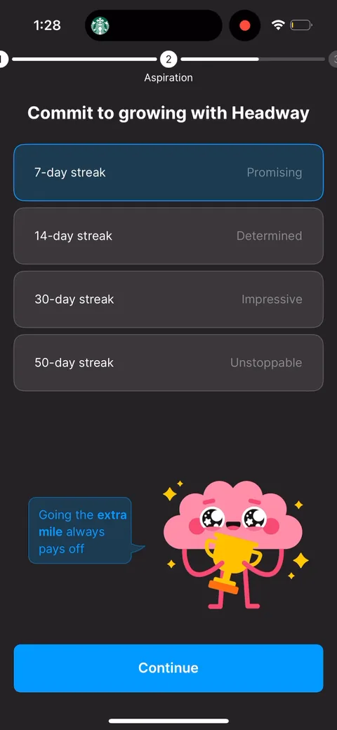 Headway onboarding screen 36: Pick a streak length, framed from 7-day 'promising' up to 50-day 'unstoppable'