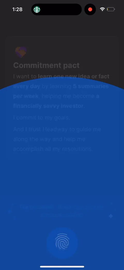 Headway onboarding screen 37: A hold-to-commit pact written in first person with your own answers filled in ('learn one new idea every day