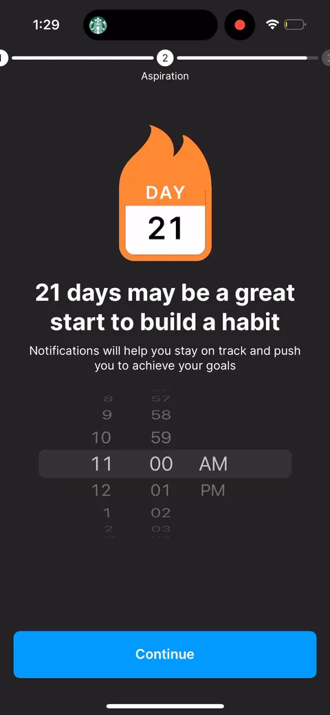 Headway onboarding screen 41: Frames the notification ask around the benefit first: '21 days may be a great start to build a habit'