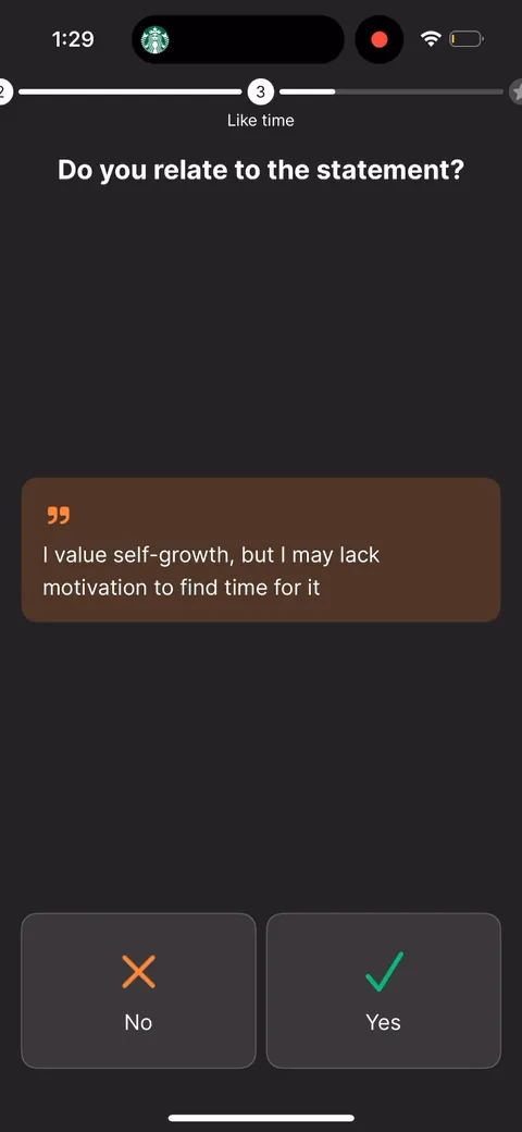 Headway onboarding screen 44: 'You value self growth but may lack motivation to find time for it