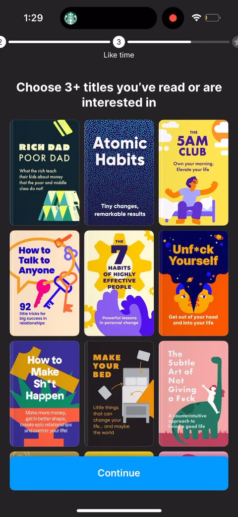 Headway onboarding screen 45: Pick 3 books you've read or want to read, shown as real covers