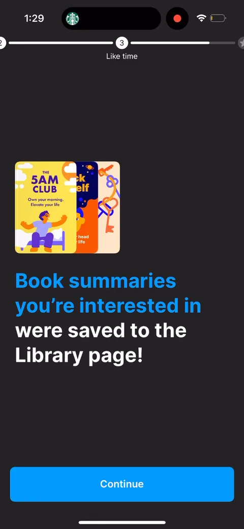 Headway onboarding screen 49: 'Book summaries you're interested in were saved to the library.' Closes the loop on the titles you just…