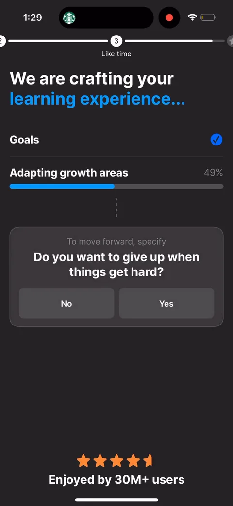 Headway onboarding screen 53: They slip extra yes/no questions into the loading screen ('do you want to give up when things get hard?')