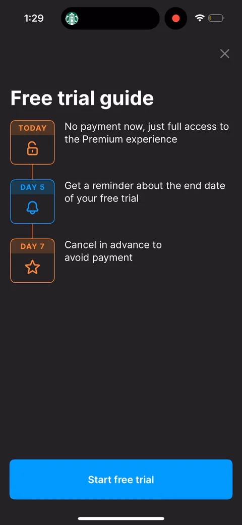 Headway onboarding screen 57: The trial timeline: today full access, day 5 reminder, day 7 cancel to avoid payment