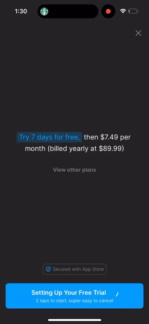 Headway onboarding screen 59: The paywall itself is bare: 'Try 7 days for free, then $7.49/month billed yearly at $89.99', annual default…