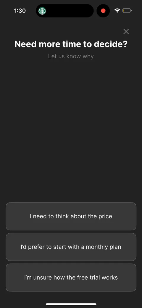 Headway onboarding screen 65: Tapping away gives you an objection menu: 'need to think about price', 'prefer monthly', 'unsure how the…