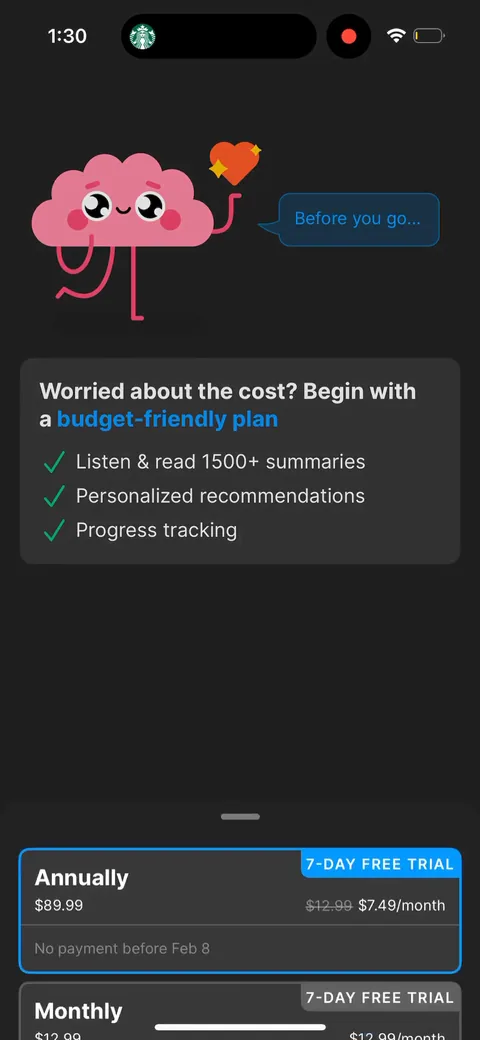 Headway paywall with pricing, onboarding screen 67
