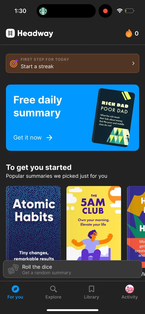 Headway onboarding screen 72: Drops you onto a real home screen with 'first step for today', 'start a streak', and summaries picked for…