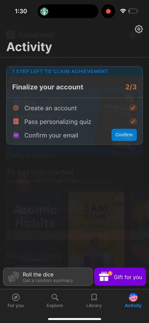 Headway onboarding screen 77: A gamified 'finalize your account 2/3' checklist with create account and confirm email checked off