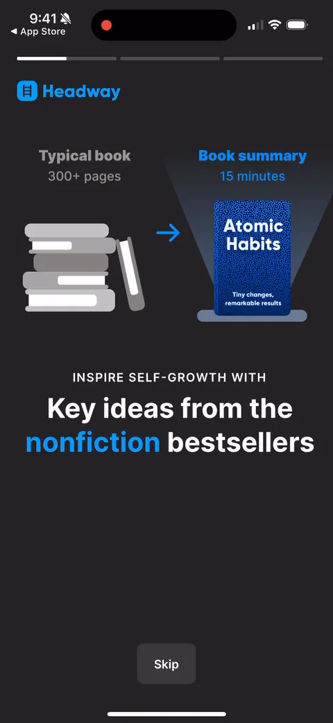 Headway onboarding screen 3: Atomic Habits next to 'typical book: 300 pages' versus the key ideas