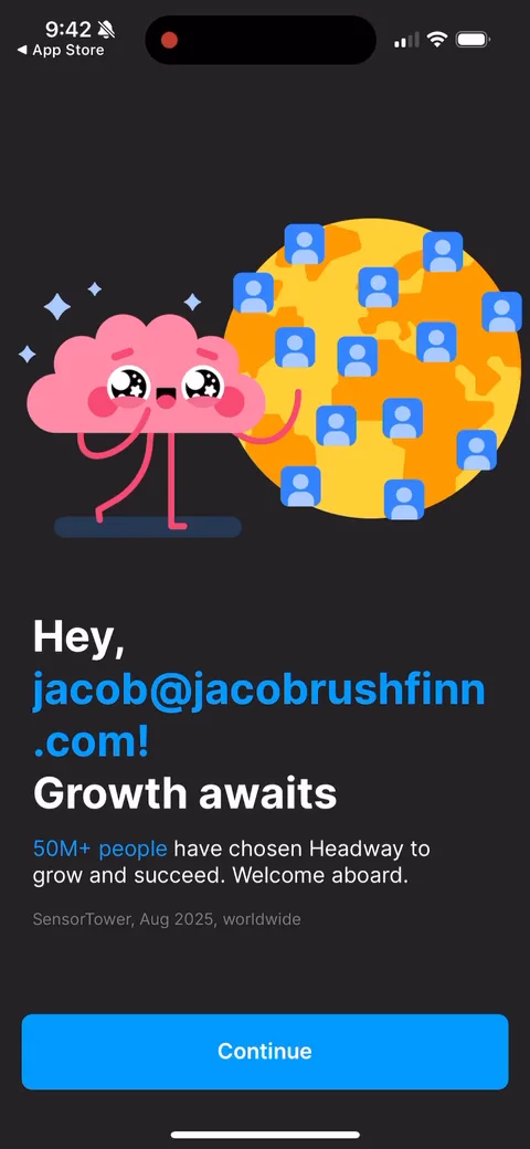 Headway onboarding screen 22: 'Growth awaits' plus '50M people have chosen Headway' right after signup, with your name in it