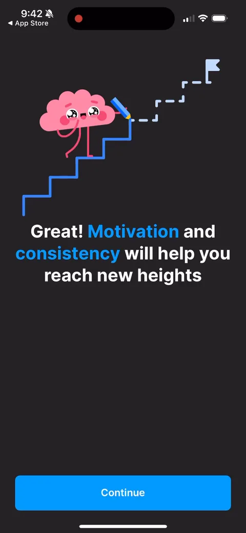 Headway onboarding screen 25: Affirmation screen that echoes the answer you just gave ('motivation and consistency will help you reach new…