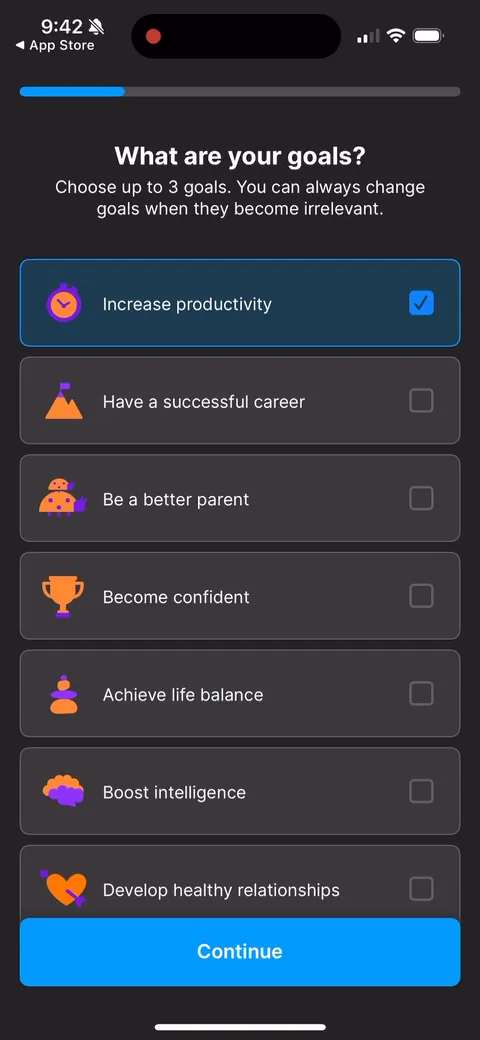 Headway onboarding screen 27: Goals as a multi-select, up to 3