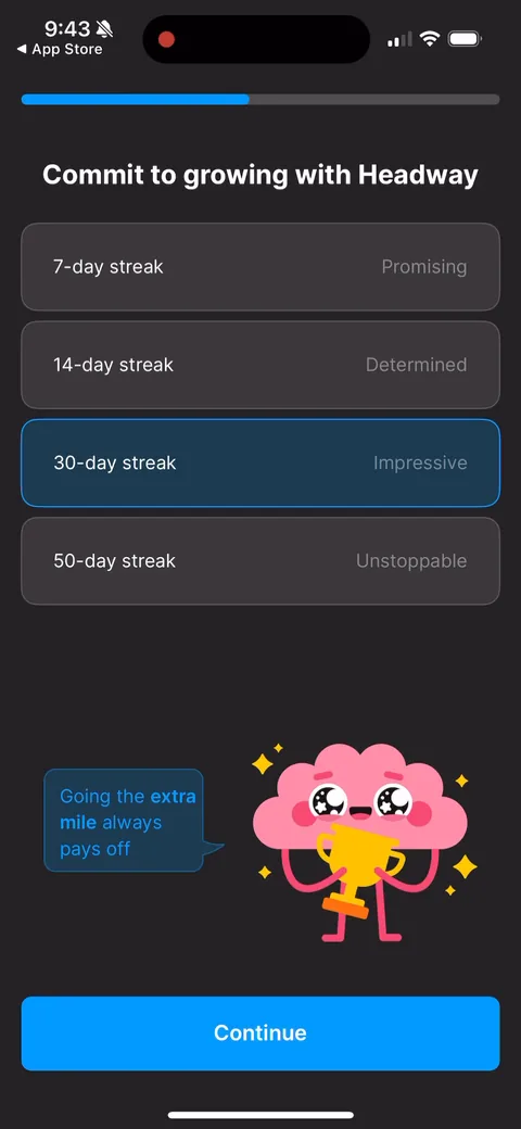 Headway onboarding screen 30: Streak ladder with 30-day pre-selected and labels like 'Impressive' and 'Unstoppable.' You're picking a…
