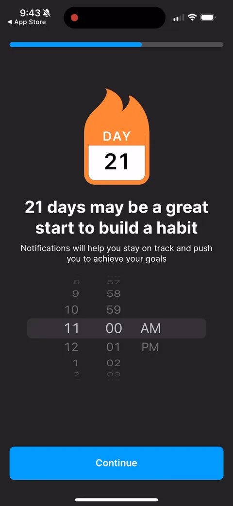 Headway onboarding screen 32: Notification permission framed around the 21-day habit, not 'we want to send you stuff.' Tying the ask to the…