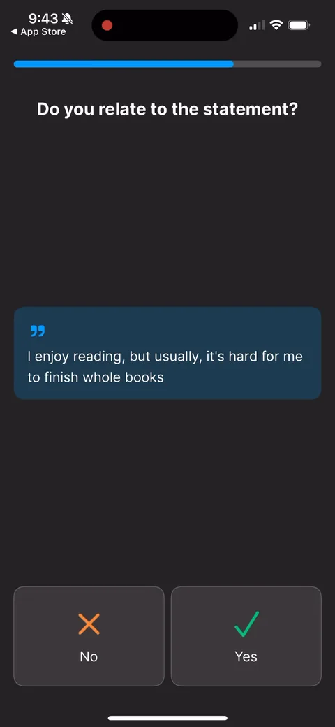 Headway onboarding screen 33: 'Enjoy reading but hard to finish whole books?' Problem-agitation dressed as a quiz question