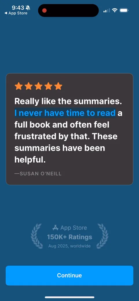 Headway onboarding screen 34: Mid-quiz testimonial with 5 stars and '150K+ ratings' laurels