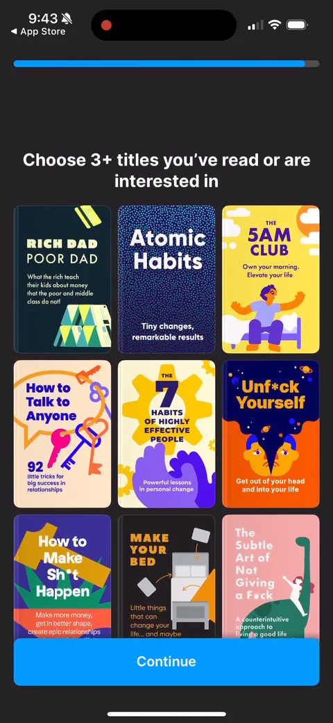 Headway onboarding screen 44: Swipe-to-pick 3 books you've read or want