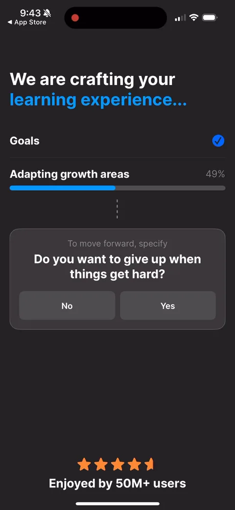 Headway onboarding screen 50: They drop yes/no questions inside the loading bar ('do you want to give up when things get hard?')