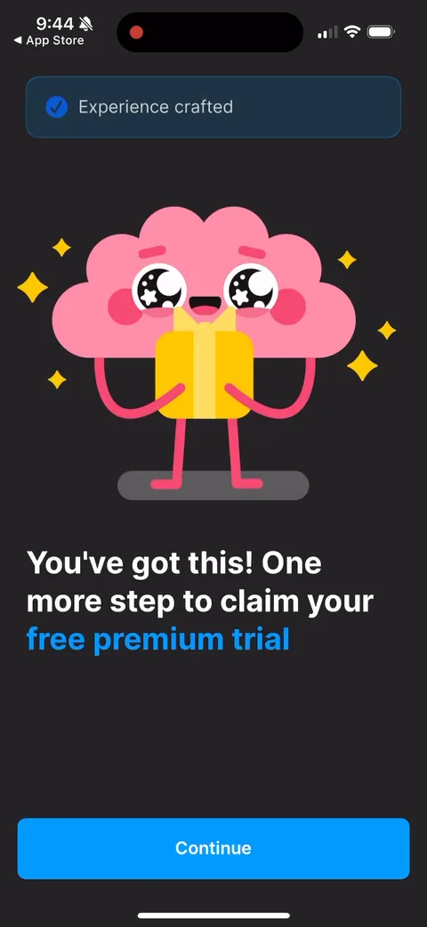 Headway onboarding screen 54: 'Experience crafted, one more step to claim your free premium trial.' Frames the paywall as collecting the…