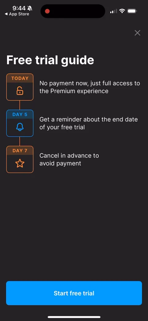 Headway onboarding screen 61: Free trial guide laying out today / day 5 reminder / day 7 cancel
