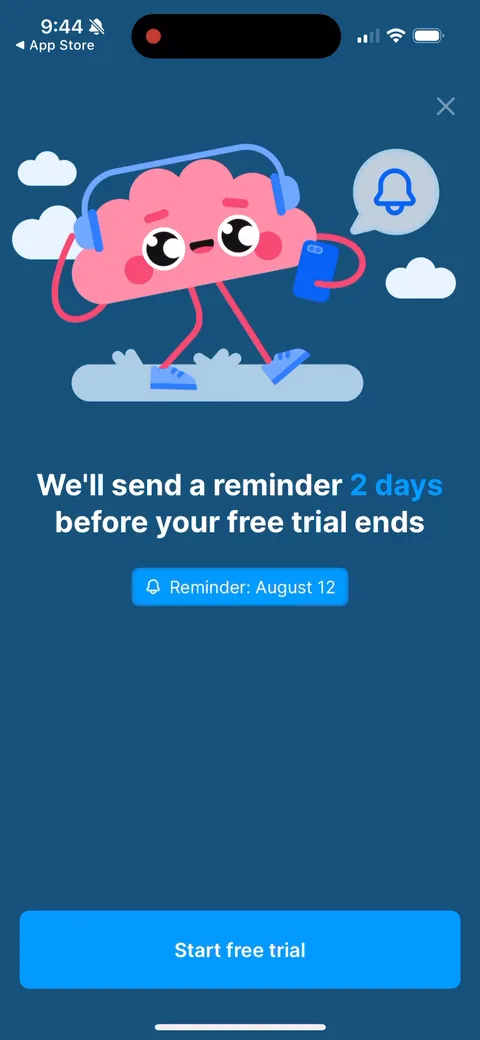 Headway onboarding screen 62: 'We'll send a reminder before your free trial ends.' Same trust play as the timeline