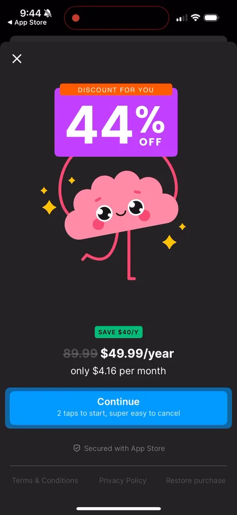 Headway onboarding screen 72: Exit-intent: hit close and you get 44% off, $49.99/year with $89.99 struck through