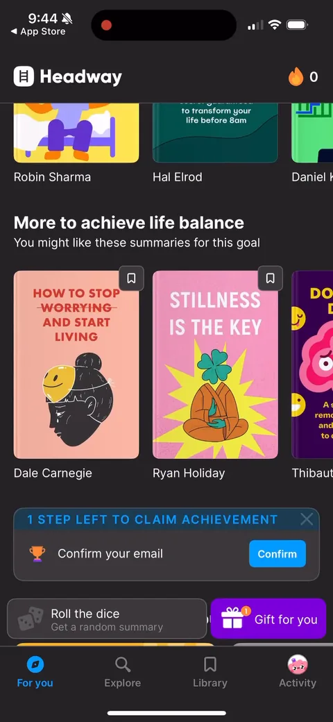 Headway onboarding screen 86: Post-paywall activity feed with '1 step left, confirm your email' and a daily mission to start a streak