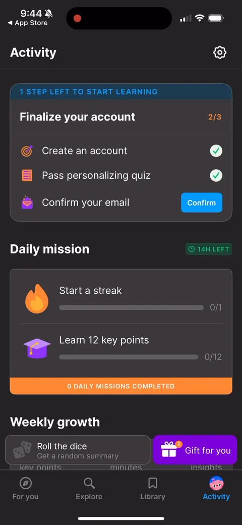 Headway onboarding screen 92: Activation checklist: create account (done), pass quiz (done), confirm email (pending), start a streak, learn…