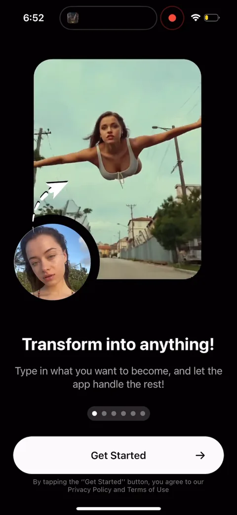 Hubx onboarding screen 1: Textbook AI-app opener: 'Transform into anything!' with a live before/after (your selfie → flying superhero)…