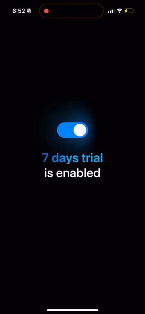 Hubx onboarding screen 11: '7 days trial is enabled' with a toggle flipping on
