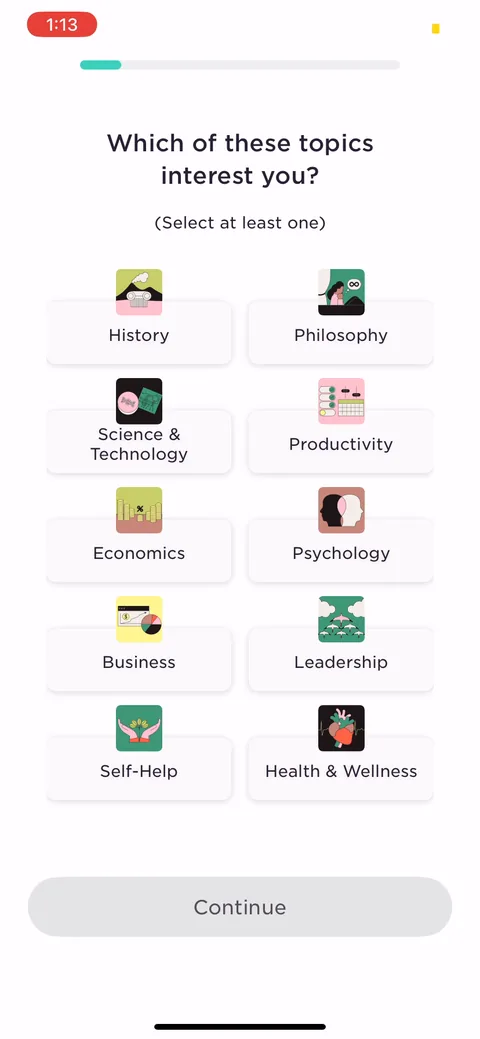 Imprint onboarding screen 5: Topics multi-select, 'select at least one.' Right call to make it multi: people care about more than one…