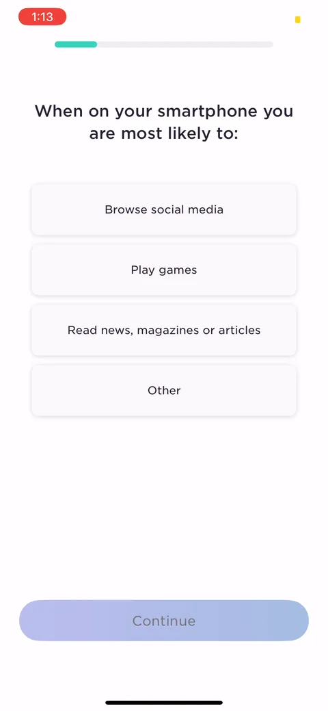 Imprint onboarding screen 8: 'When on your smartphone you are most likely to browse social media, play games, read news.' They're naming…