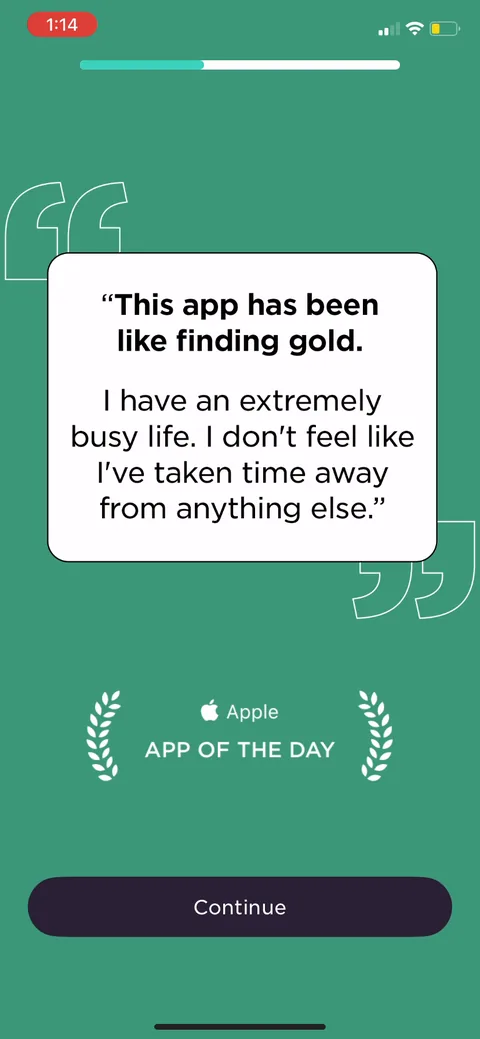 Imprint onboarding screen 13: A testimonial plus the Apple App of the Day laurels dropped mid-quiz