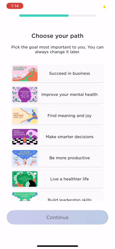 Imprint onboarding screen 19: Choose your path, single-select goal